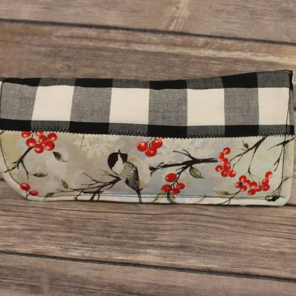 Robin Printed Black & White Buffalo Check Berries Zippered Pouch & Sunglass Case